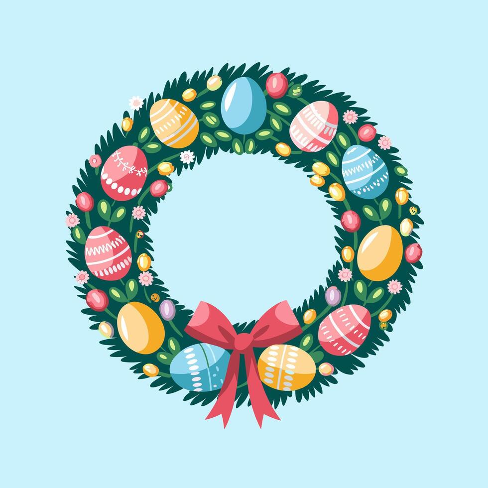 Whimsical Spring Wreath Featuring Vibrant Easter Eggs vector