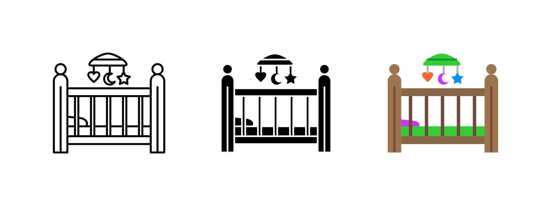 Baby crib icon. Infant bed with hanging mobile illustration. Nursery furniture for newborns symbol. Comfortable sleeping area for babies sign. Child care and parenting concept. vector
