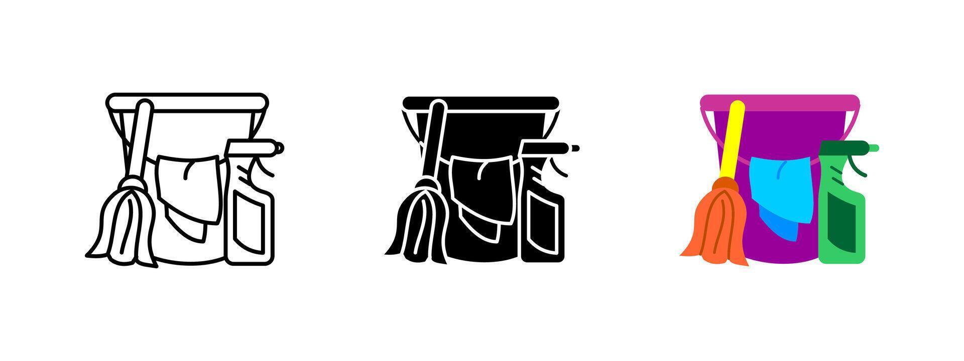 Cleaning supplies icon. Household sanitation tools with mop, bucket and spray bottle illustration. Housekeeping and hygiene maintenance symbol. Home cleanliness and sanitation concept. vector
