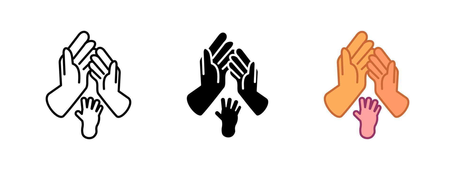 Family icon. Birth of a child symbol. Hands of different sizes stacked together in unity illustration. Family relationships sign. Care and mutual help pictogram. Family bonding concept. vector