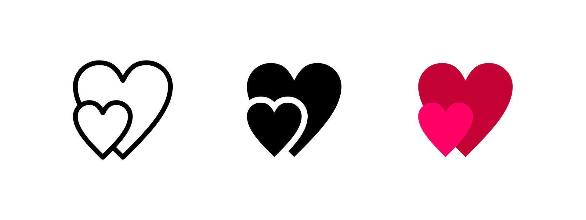 Love hearts icon. Two overlapping hearts illustration. Romantic relationship symbol. Passion, affection, and togetherness pictogram. Valentine's Day and love concept. vector