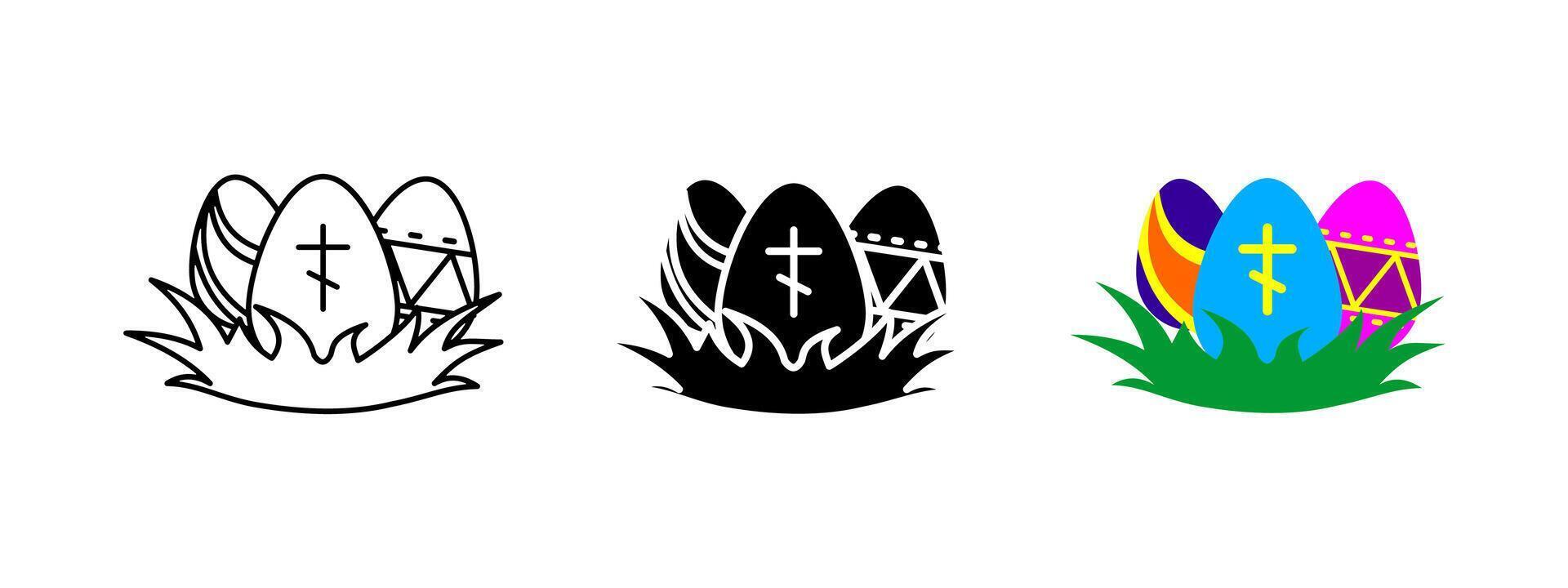 Easter egg icon. Set of decorated eggs with a cross in the grass illustration. Christian holiday celebration symbol. Religious Easter traditions and festive decorations sign. vector