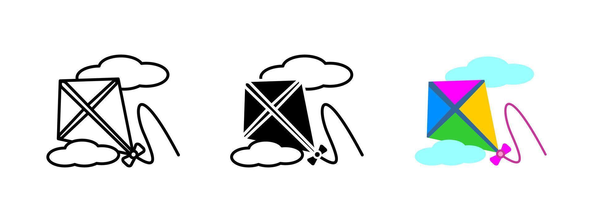 Kite icon. Flying kite with string and bow illustration. Outdoor wind toy symbol. Fun childhood activity sign. Playful and recreational concept. vector