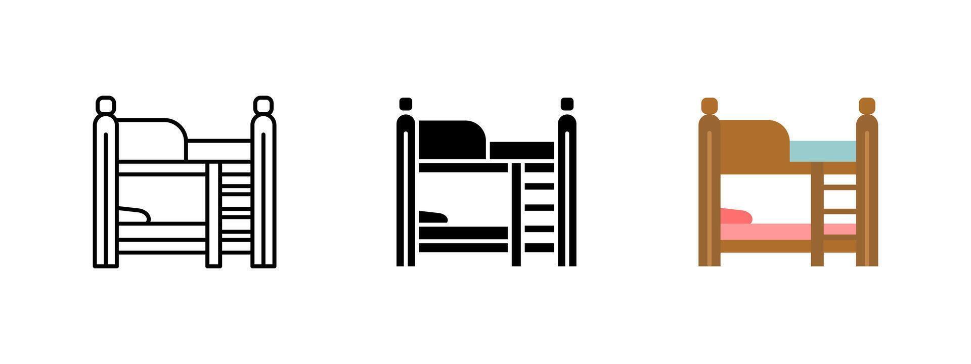 Bunk bed icon. Double-layer wooden bed with ladder illustration. Furniture for dormitory, hostel, or kids' room symbol. Space-saving sleeping arrangement concept. vector