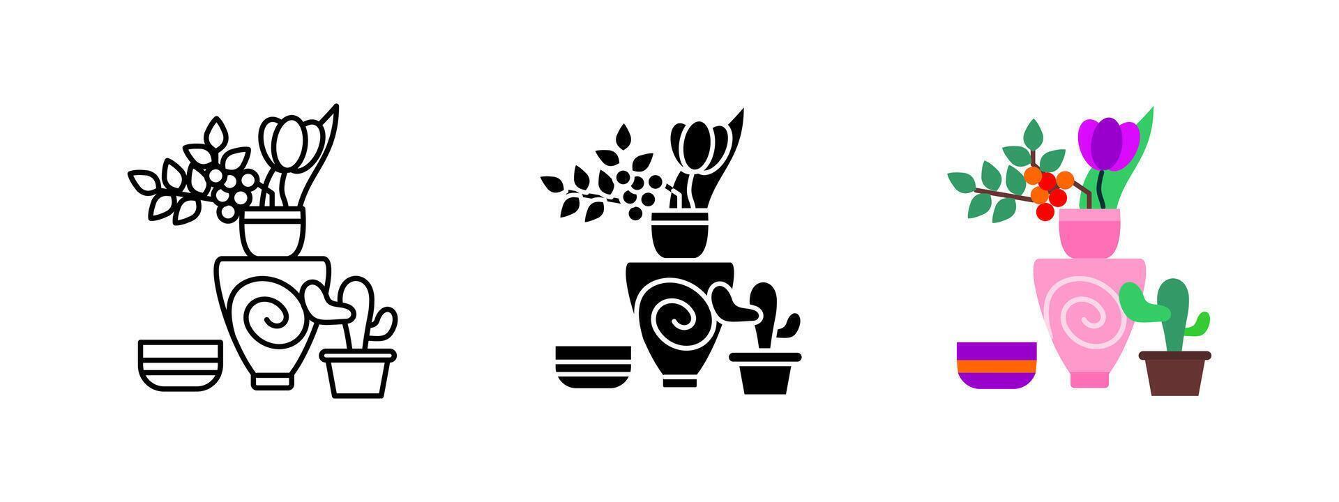 Flower vase icon. Home decor arrangement with flowers and plants illustration. Elegant floral composition symbol. Decorative interior design concept. vector