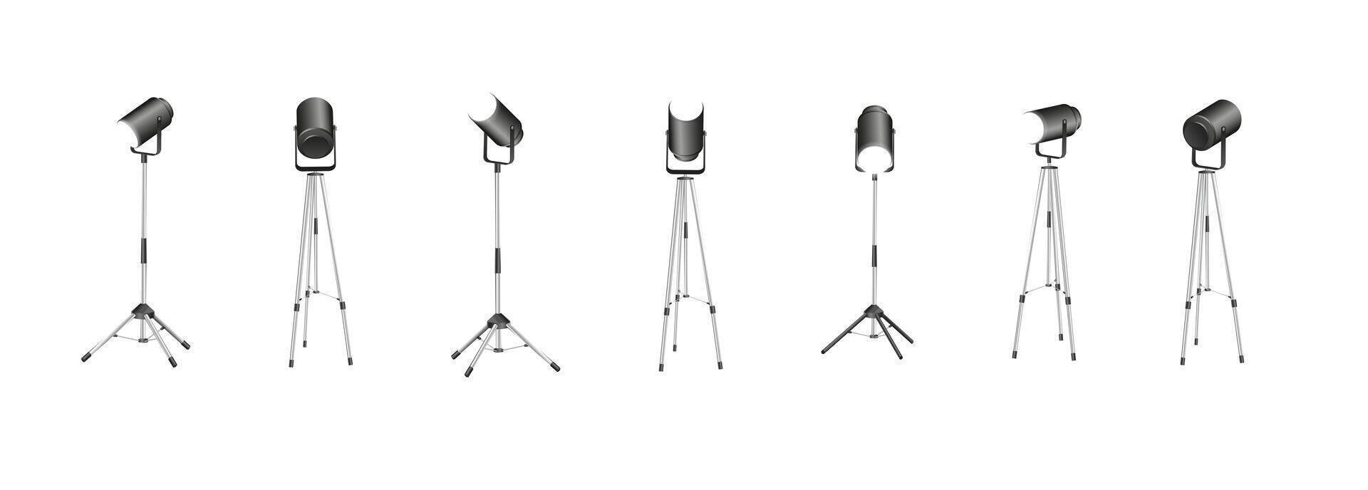 Spotlights set, stage and studio light, realistic hanging lamps. Spot lights and searchlights for concert. vector