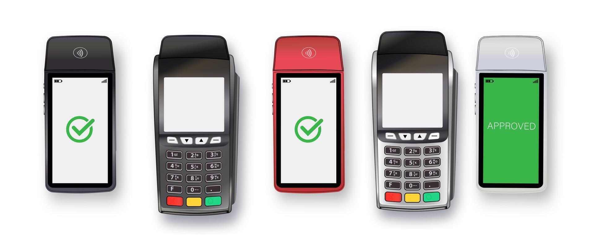 3D Realistic NFC Payment Terminal. Credit Card. Payment Machine. Template for Bank Payment Contactless Terminal. POS Terminal. vector