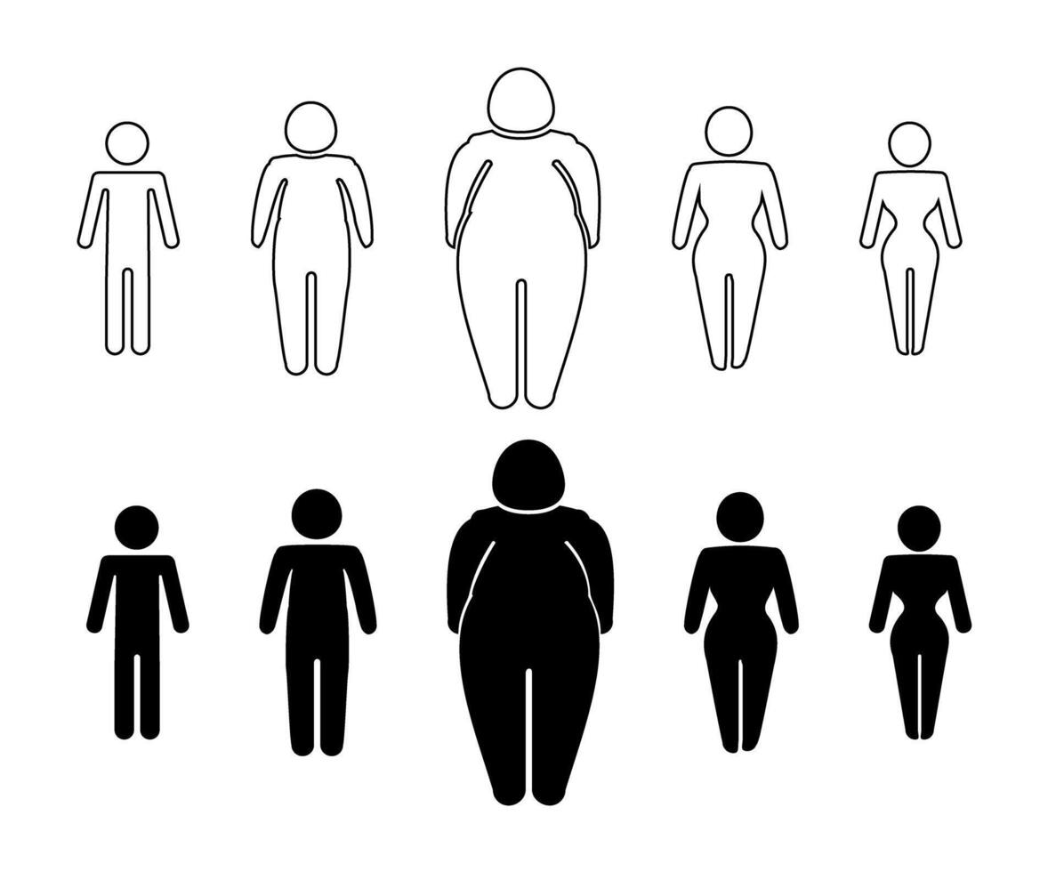 A man or woman diets and exercises from fat to fitness series frontal view. Figure and size person, body index mass. vector