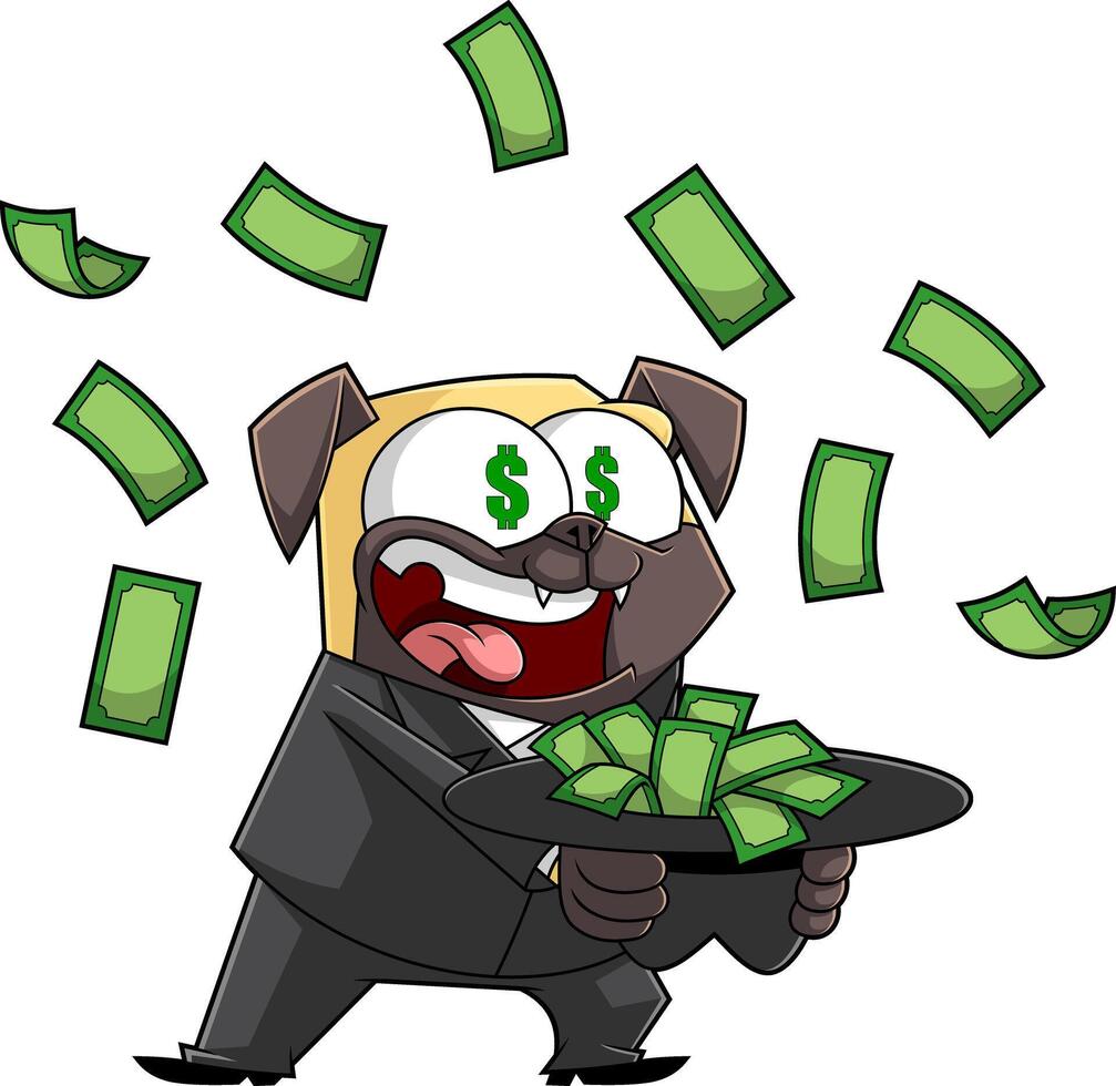 Cartoon Gangster Dog With Dollar Eyes Holding A Pile Of Money vector