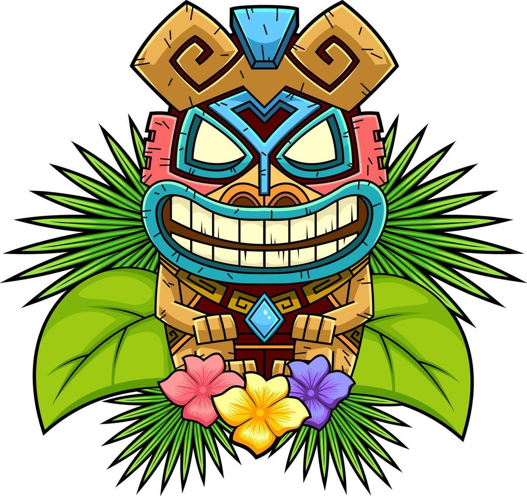 Colorful Tiki Mask With Tribal Patterns And Tropical Elements vector