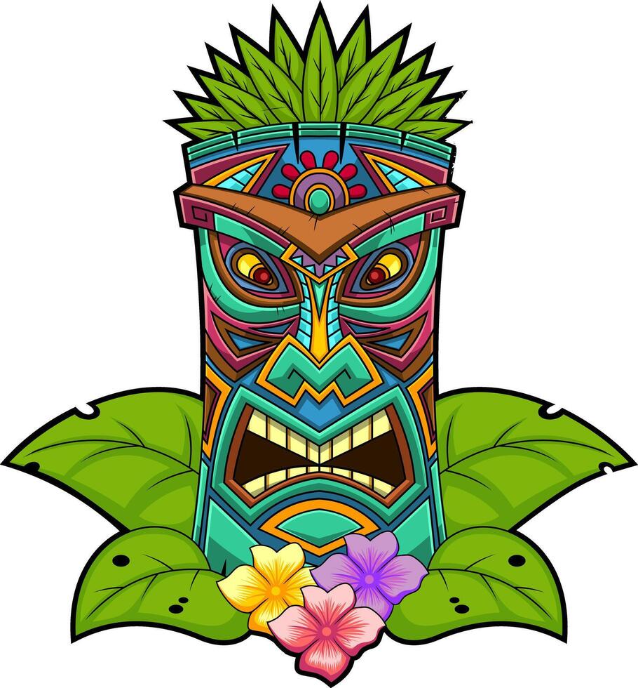 Colorful Polynesian Tiki Mask With Tribal Carvings And Flowers vector