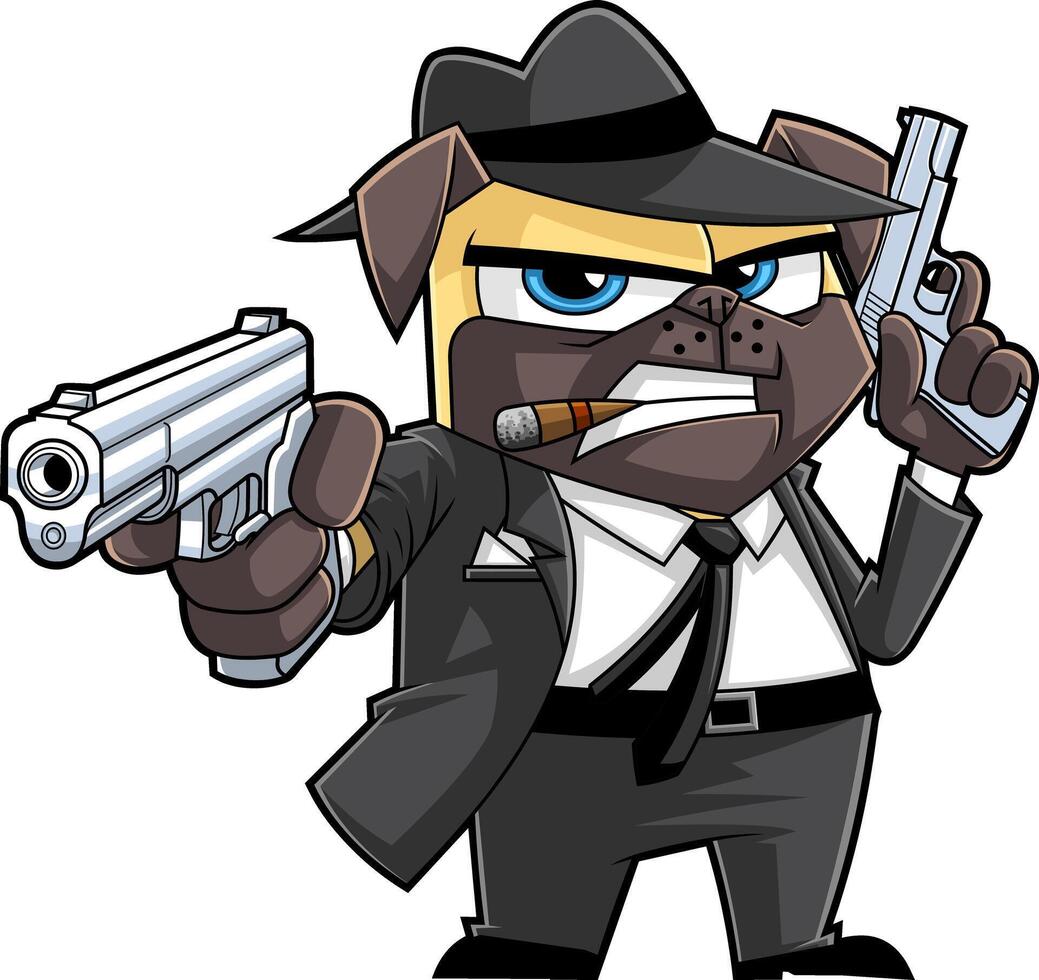 Cartoon Gangster Dog Holding Two Guns And Smoking A Cigar vector