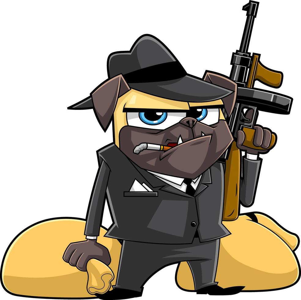 Cartoon Gangster Dog Holding A Tommy Gun With A Tough Look vector