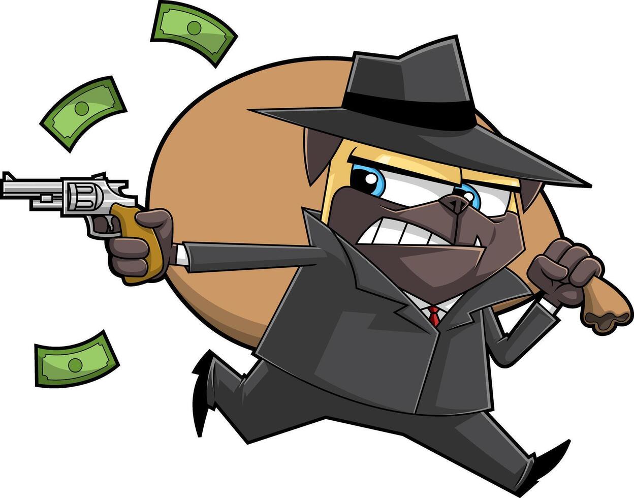 Cartoon Gangster Dog Running With A Bag Of Money And A Gun vector