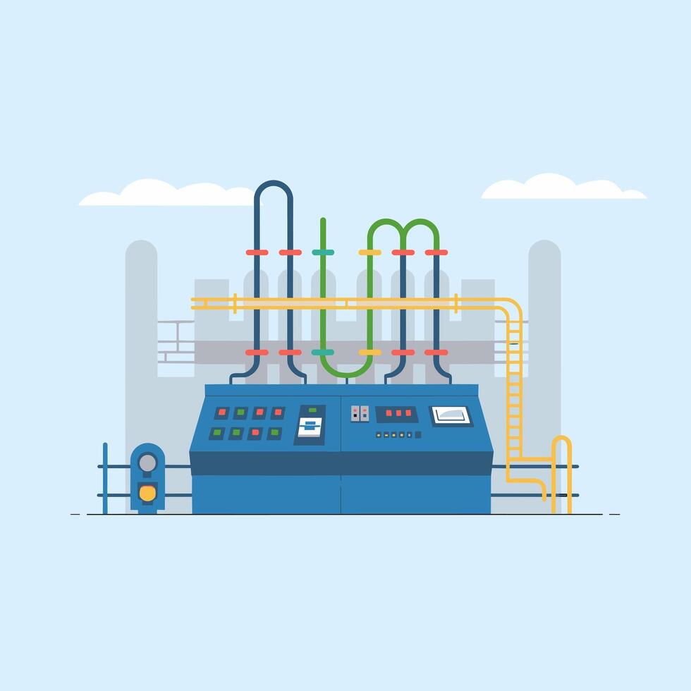 An illustration of a factory with pipes and valves vector