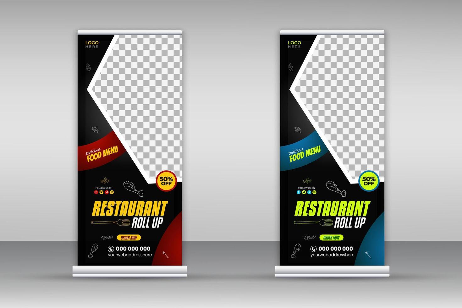 Delicious food menu roll-up banner design template for restaurant in red and blue color bundle on white background, modern and special fast food menu design pull-up banner for business promotion set vector