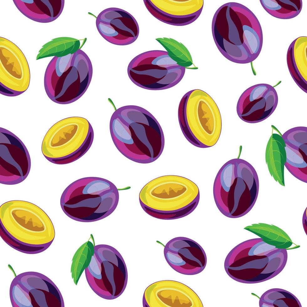 Seamless pattern with whole and half plums with leaves isolated on a white background. vector