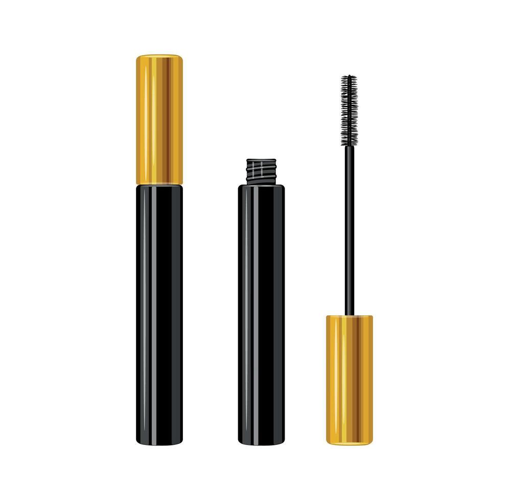 Mascara with brush in a closed and open tube isolated on a white background. vector