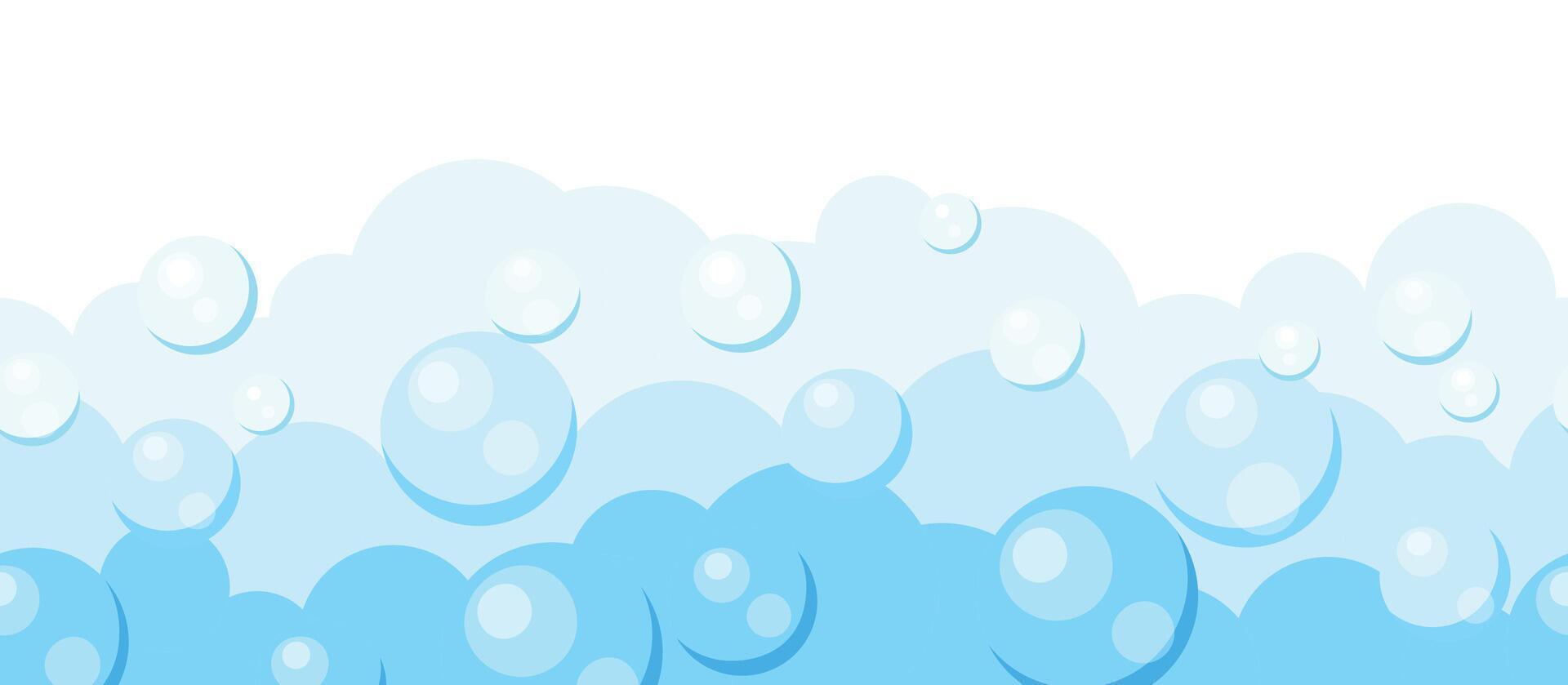 Seamless background with foam bubbles in cartoon style. Flat illustration of blue, white air bubbles of large, medium and small sizes isolated on white background. Washing. Bathing. vector
