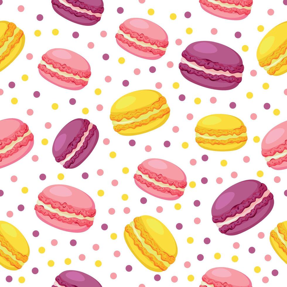 Seamless pattern with yellow,pink and purple macarons with dots isolated on a white background. modern colorful pattern with macarons for packaging, gift wrapping. vector
