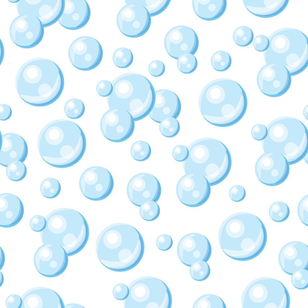 Seamless pattern with blue air bubbles in cartoon style. Flat illustration of a pattern of round soap bubbles of different sizes isolated on a white background. Packaging, wrapping paper. vector