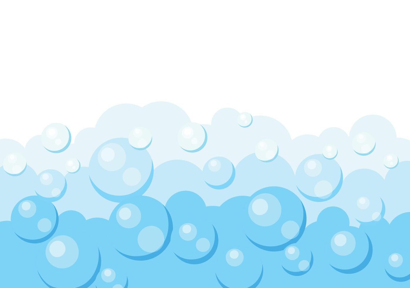 Background with foam bubbles in cartoon style. Flat illustration of blue, white air bubbles of large, medium and small sizes isolated on white background. Washing. Bathing. vector