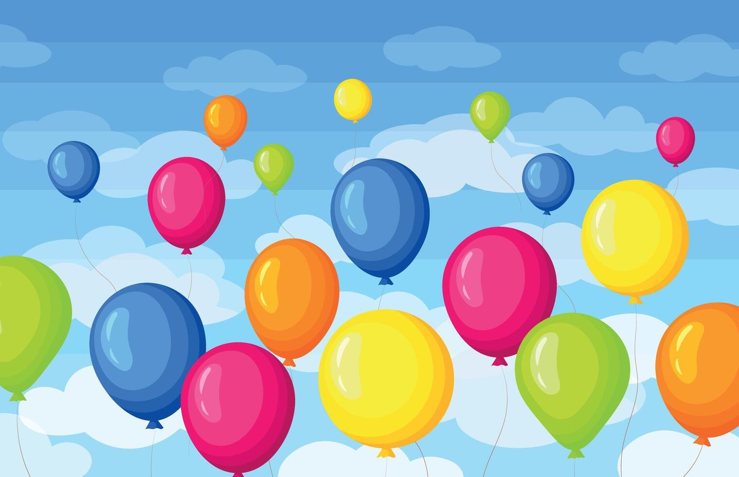 Sky with airy yellow, pink, blue, green, orange ballons. Sky background with different colorful balloons in cartoon style. vector