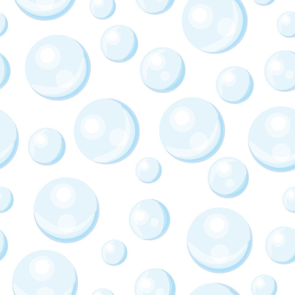 Seamless pattern with air bubbles in cartoon style. Flat illustration of blue soap bubbles of big and small sizes isolated on white background. Foam. Packaging, wrapping paper. Wallpaper. vector