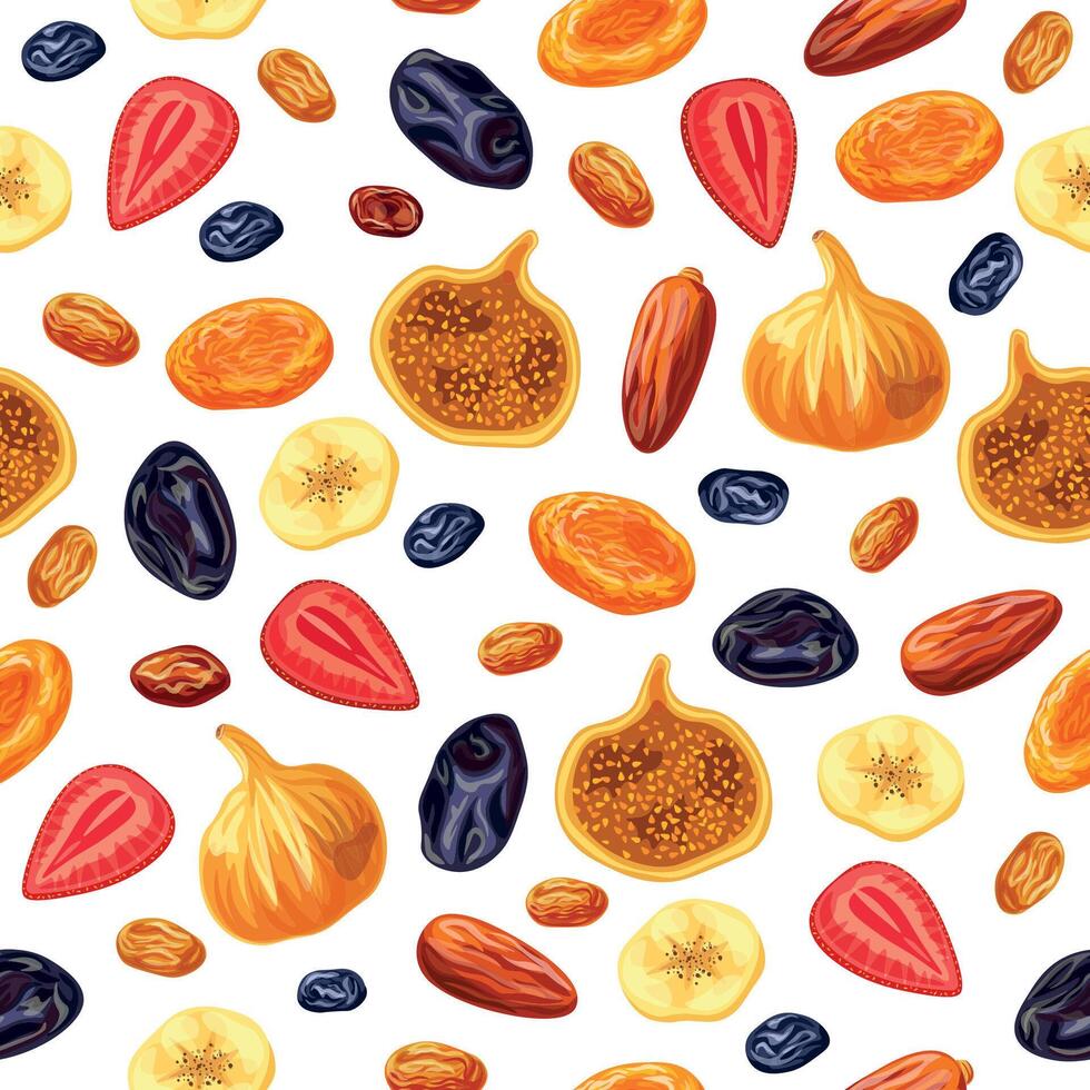 Seamless pattern with dried fruits isolated on white background. Iillustration of dried fruits raisins, strawberries, figs, prunes, banana, dates, dried apricots. vector