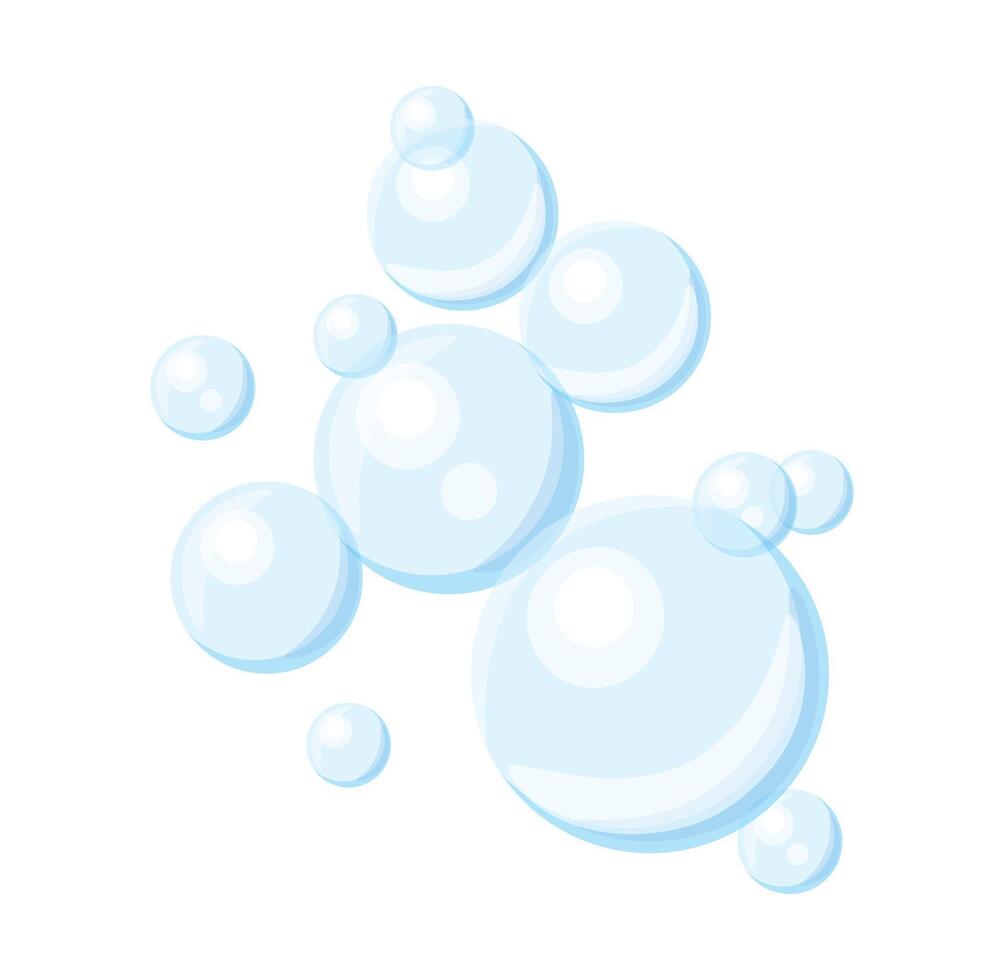Transparent air bubbles in cartoon style. Flat illustration of cute soap bubbles isolated on white background. Blue round bubbles of different sizes, small, medium, large. Foam. vector
