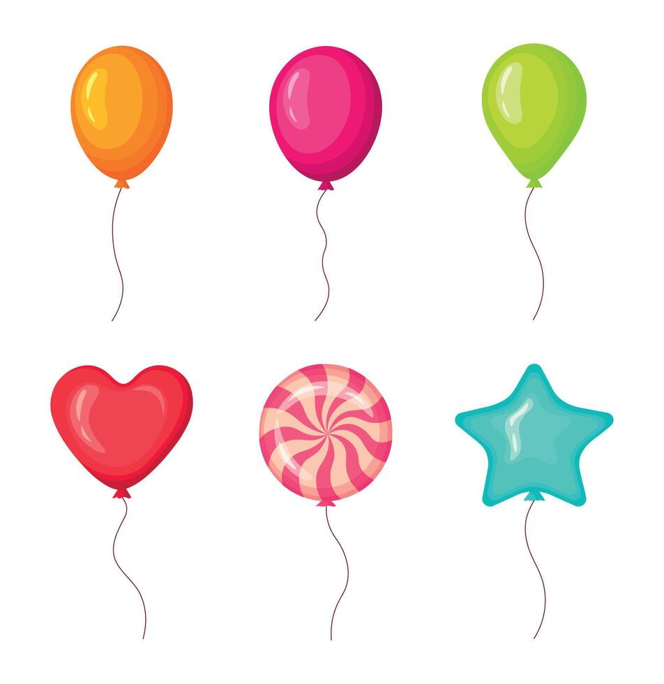 Set of carnival balloons isolated on white background. Festive group of colorful balloons in different shapes. Cute orange, pink, green and heart, spiral caramel candy, star air ballons. vector