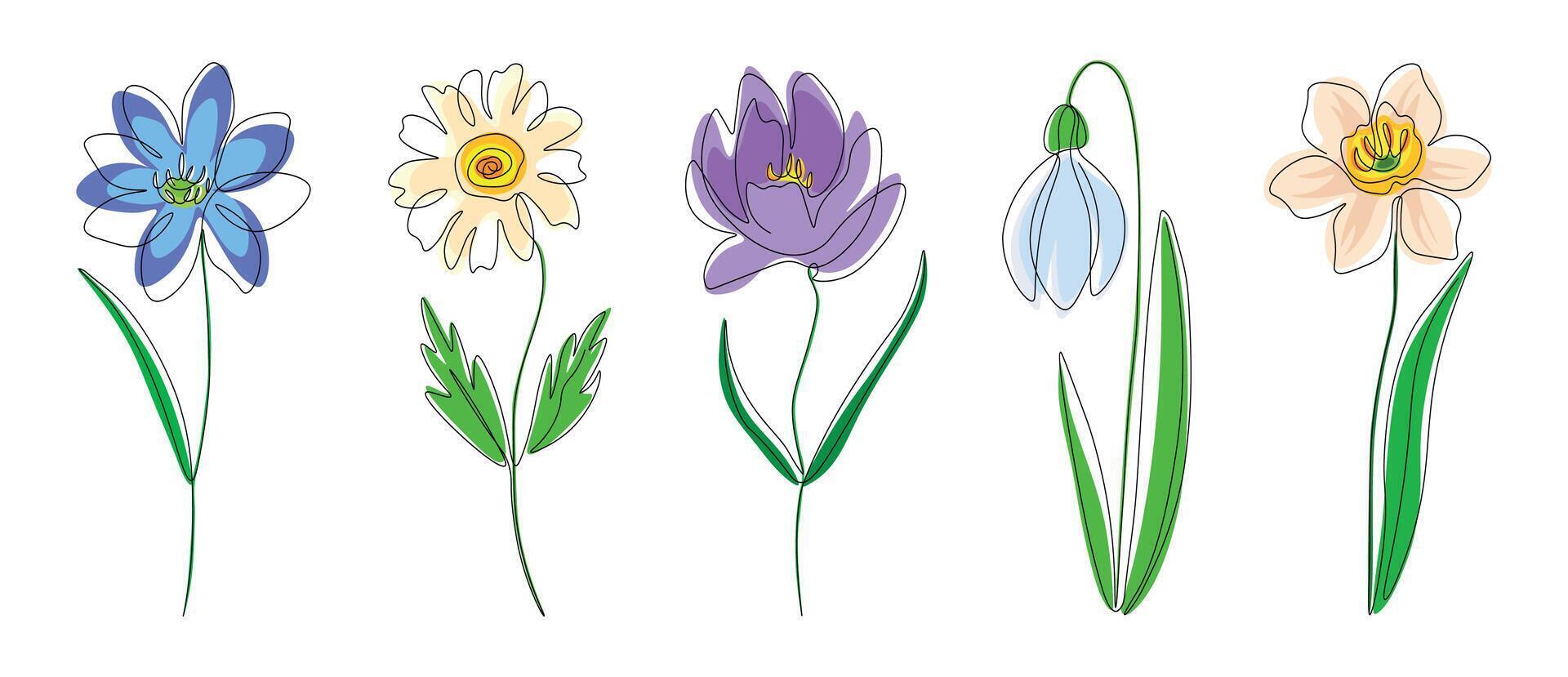 Set of spring flowers, continuous one line isolated on a white background. vector