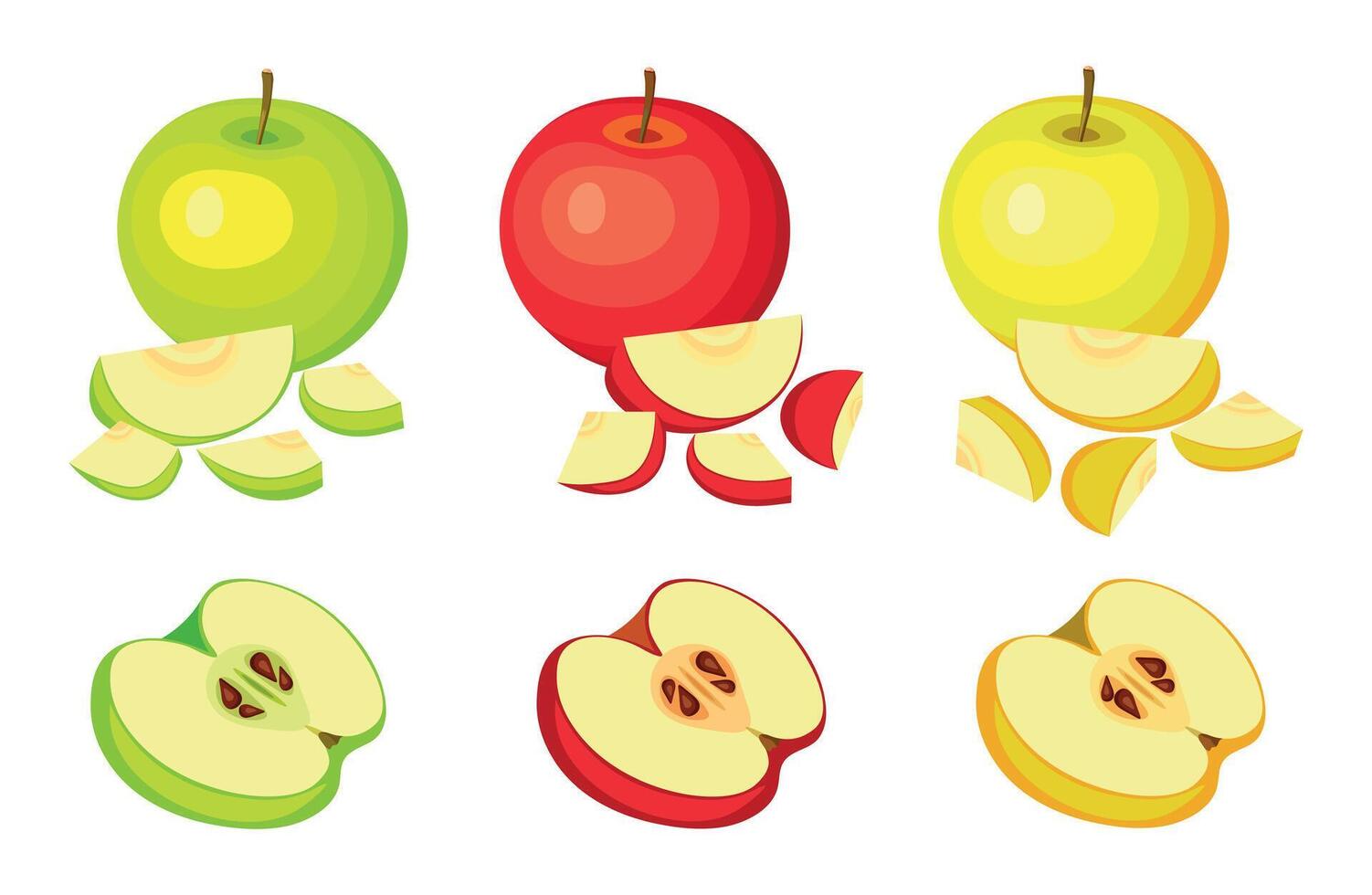 Set of green, red and yellow apples isolated on a white background. Whole and cut apples. Cartoon sweet apples. vector