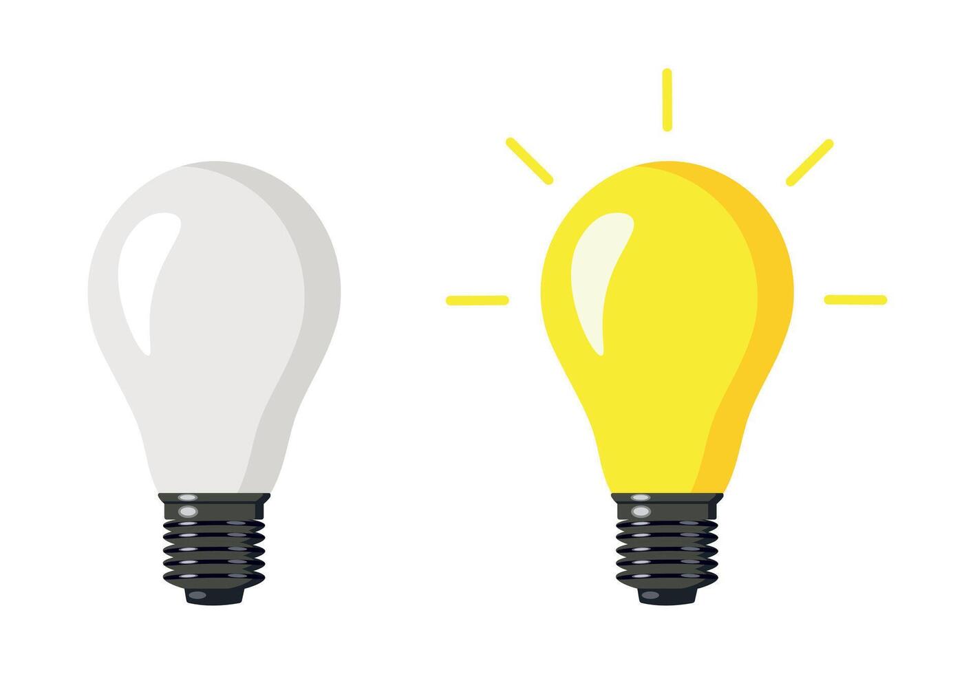 Light bulb off and on with rays isolated on a white background. Light bulb icons in cartoon style. vector