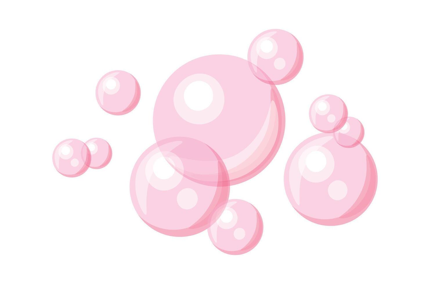 Cute pink bubbles in cartoon style. Flat illustration of air bubbles of different sizes, small, medium, large isolated on white background. Foam. Bathing. Transparent soap bubbles. vector