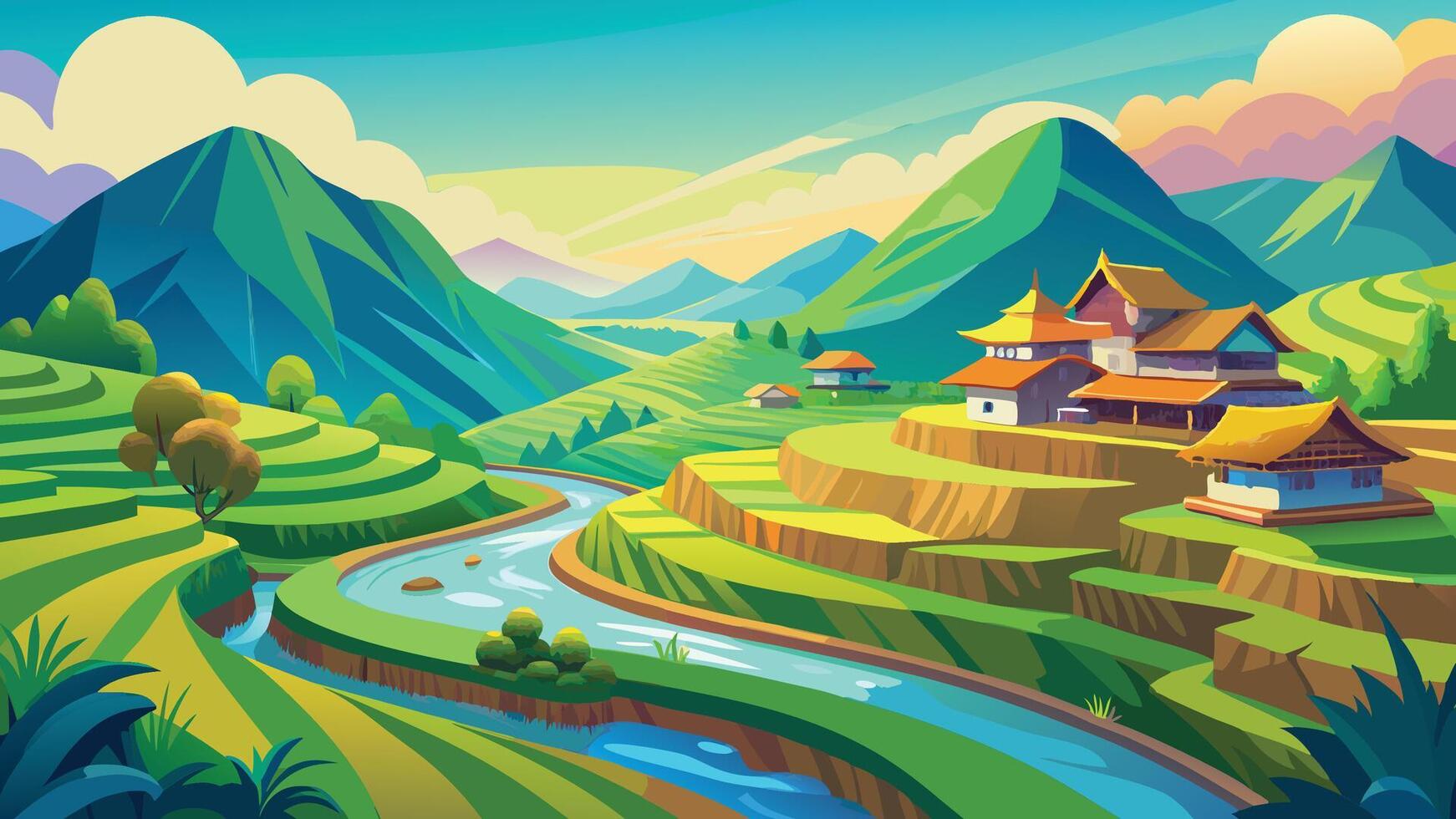 Serene Asian Rice Terraces Landscape Scenic View with River and Houses vector