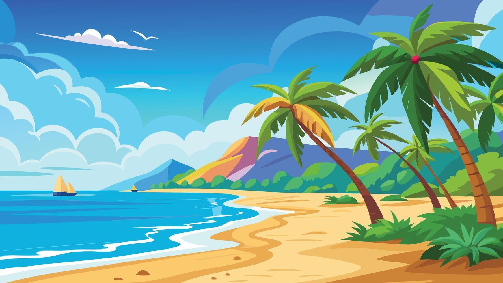 Serene Tropical Beach Scene Palm Trees Swaying Gently on Sandy Shore Near Calm Ocean Under Blue Sky vector