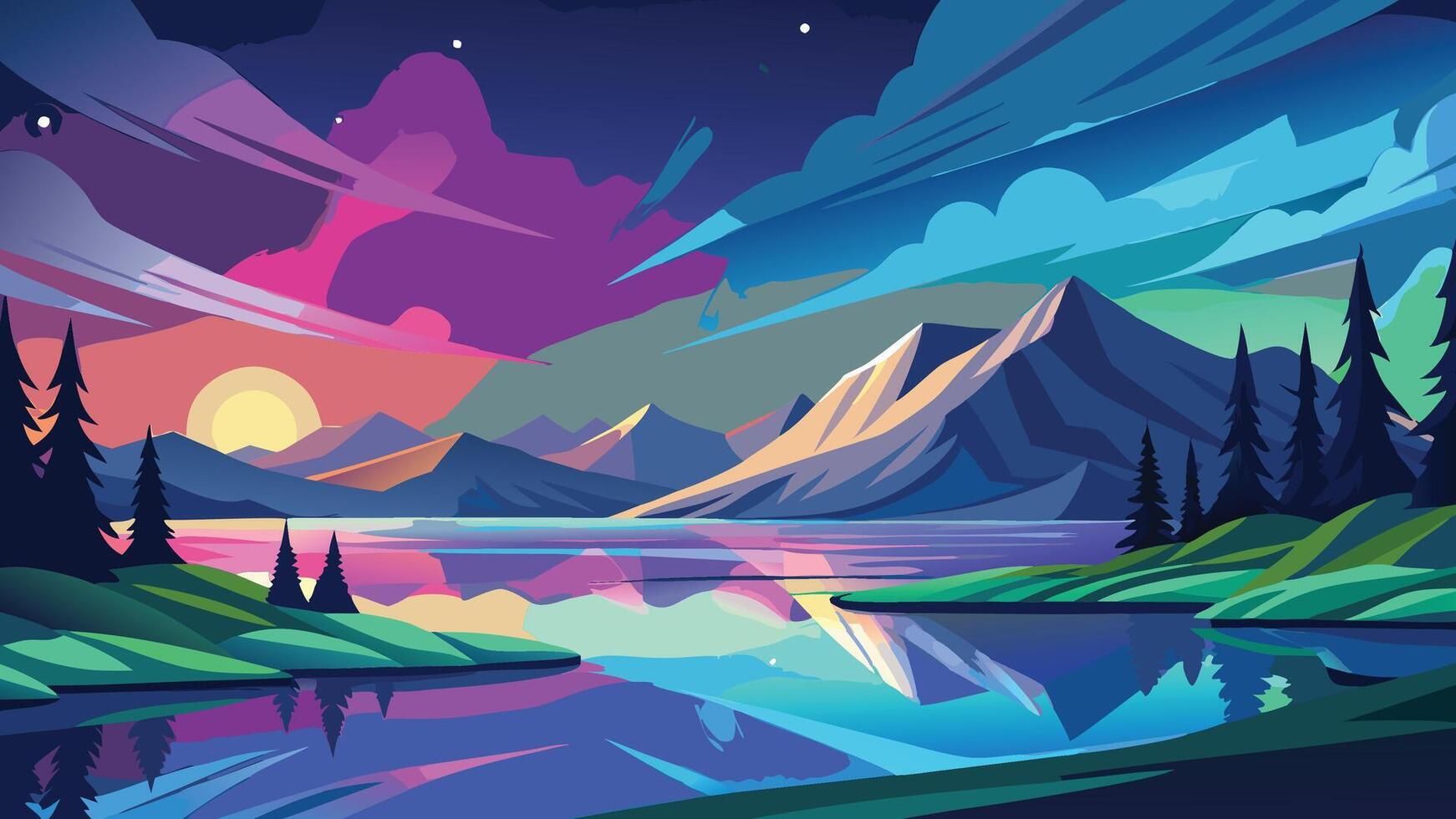 Vibrant Sunset Landscape Mountain Lake Reflection Artwork Digital art of serene nature scene vector