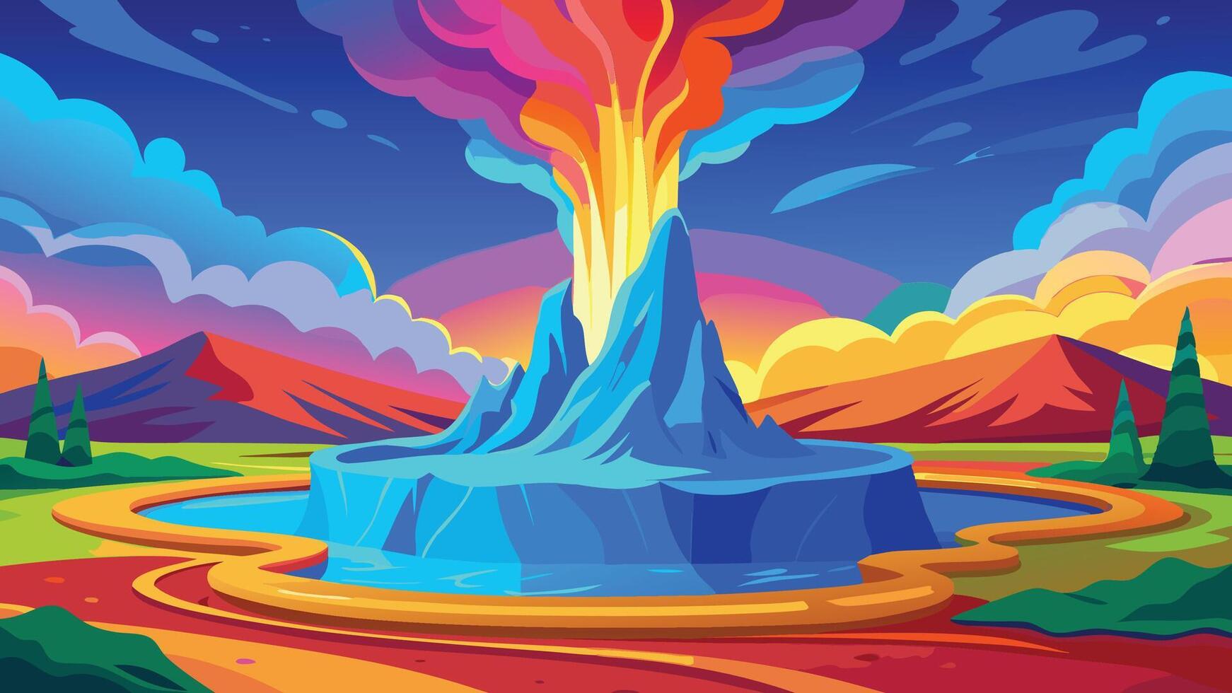 Vibrant Volcano Eruption Landscape Artistic Illustration Colorful Mountain Scene vector