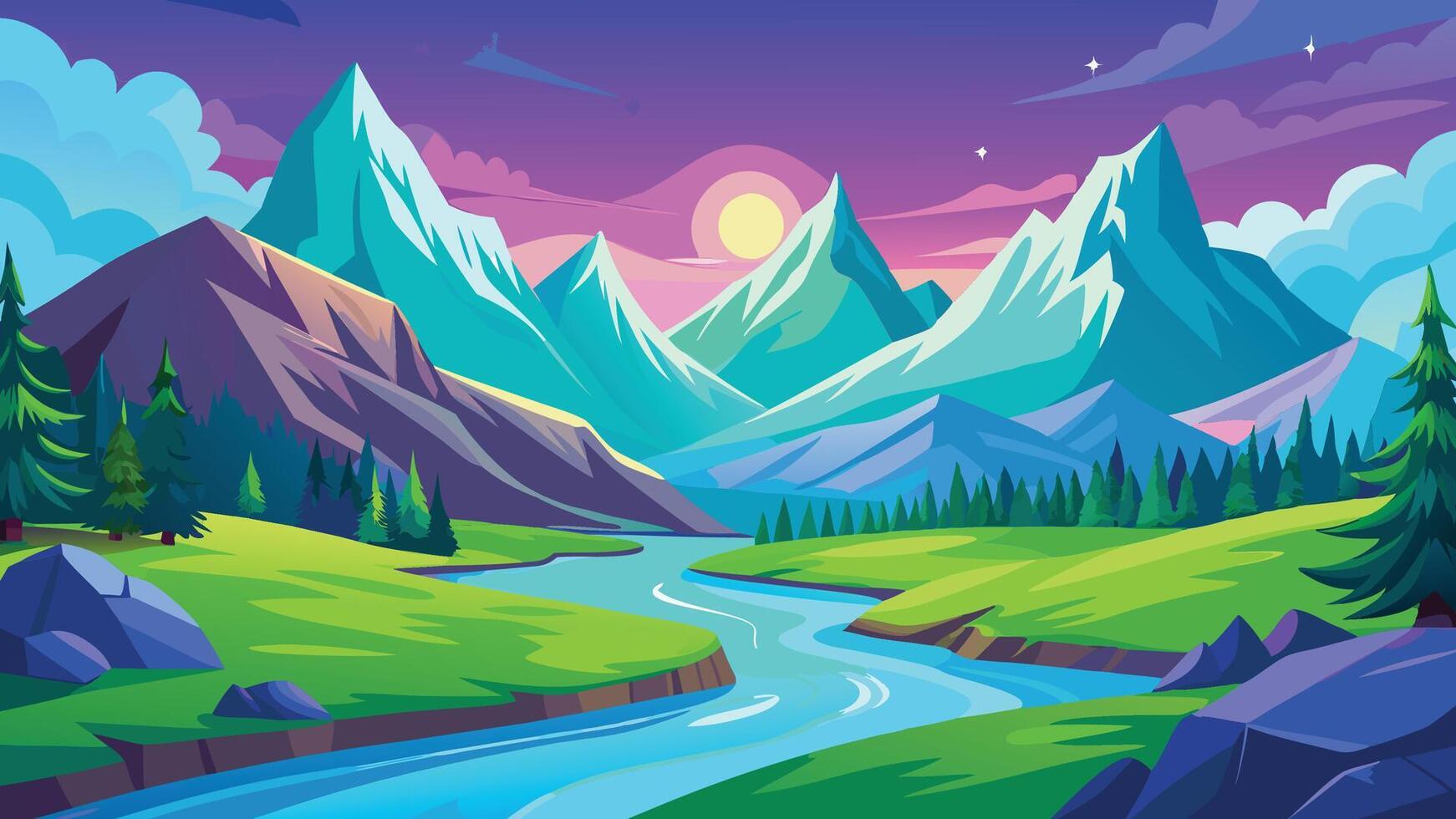 Serene River Landscape Majestic Mountains Sunset Valley Nature Scene Illustration vector