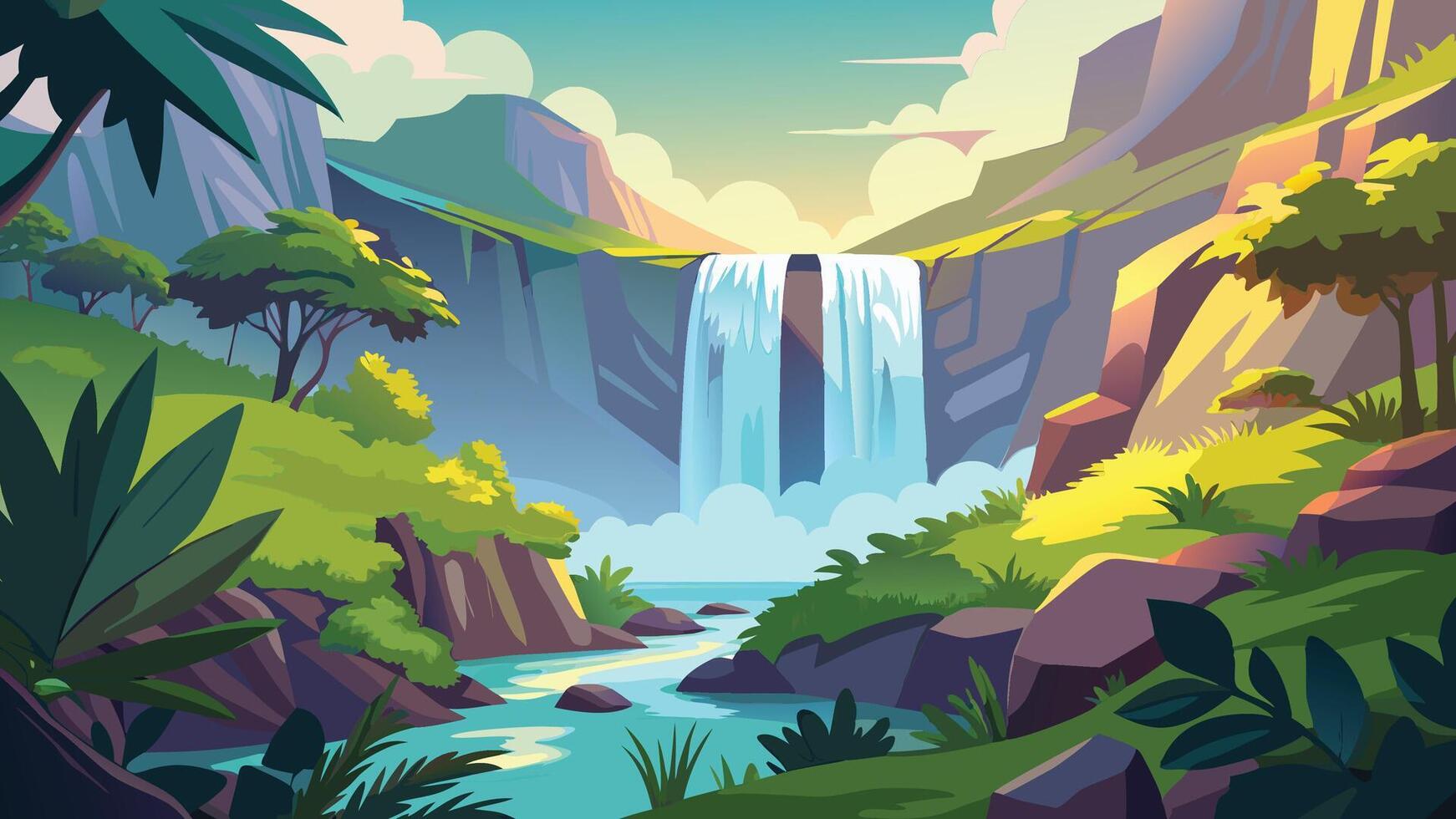 Serene Waterfall Landscape Lush Greenery and Majestic Cliffs Tranquil Nature Scene vector