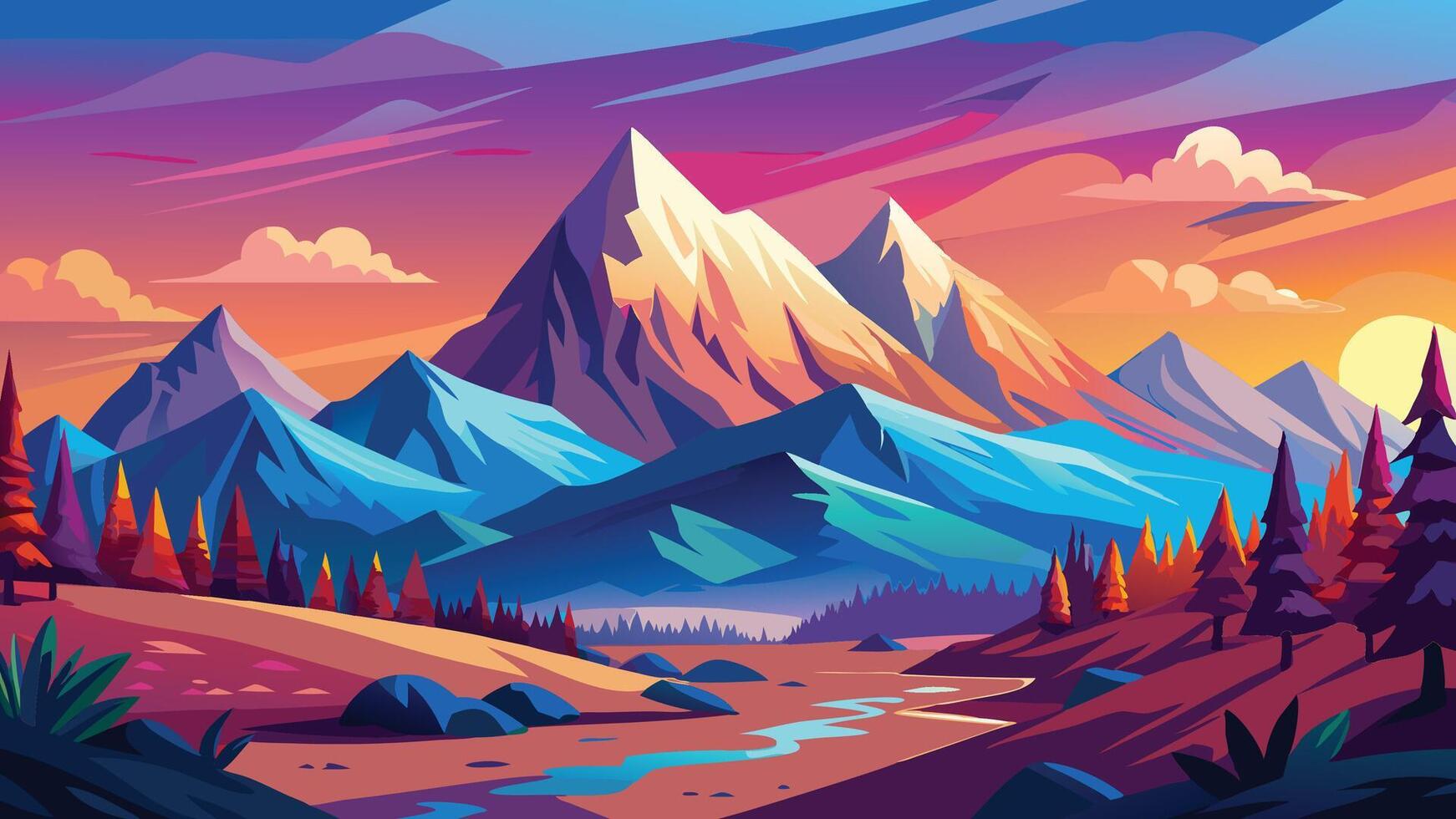 Vibrant Sunset Landscape with Majestic Mountains and Serene River vector