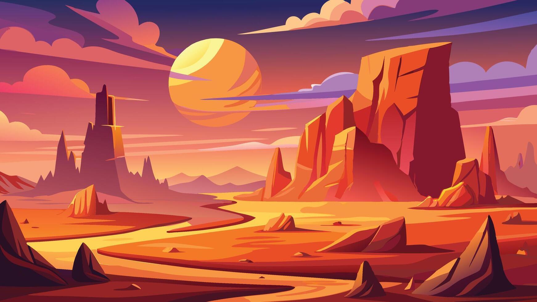 Scenic Sunset Landscape Desert Scene with Mountains and River A Vibrant Color Palette vector
