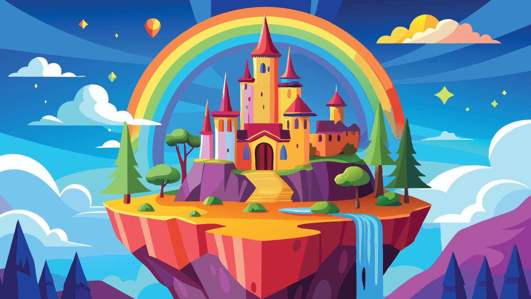 Fairytale Castle on a Floating Island with Rainbow Landscape Illustration vector