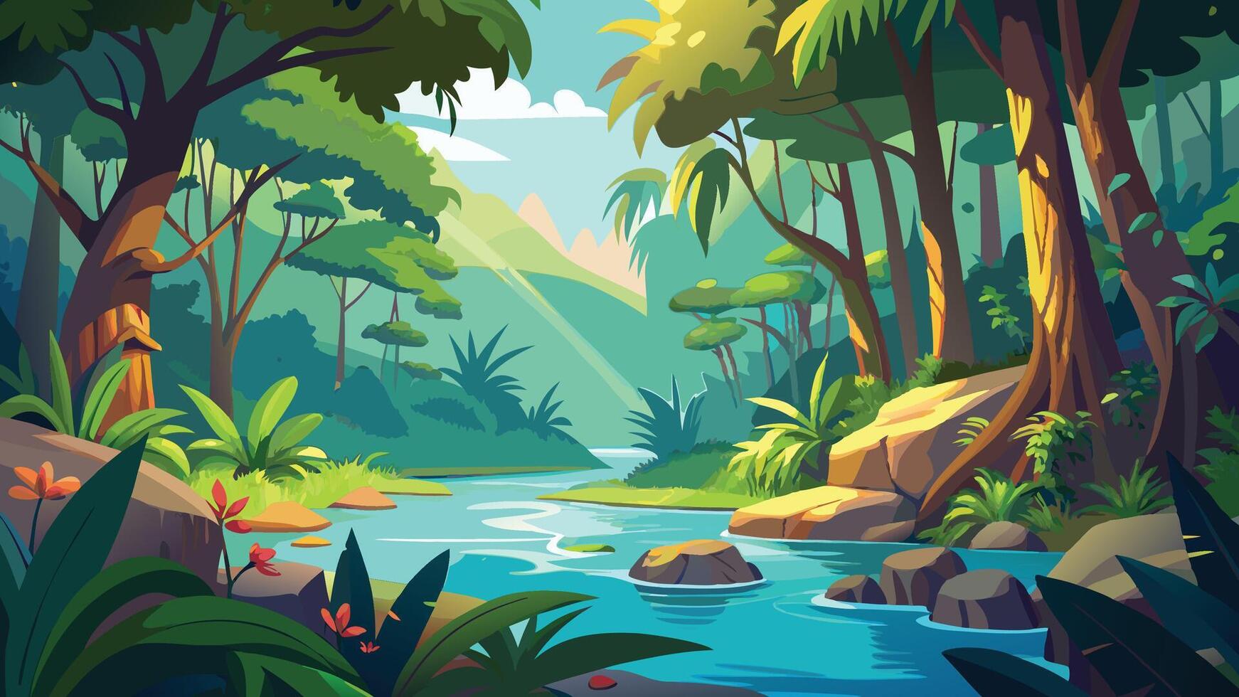 Serene Tropical River flows through Lush Green Jungle Landscape Tranquil Nature Scene vector