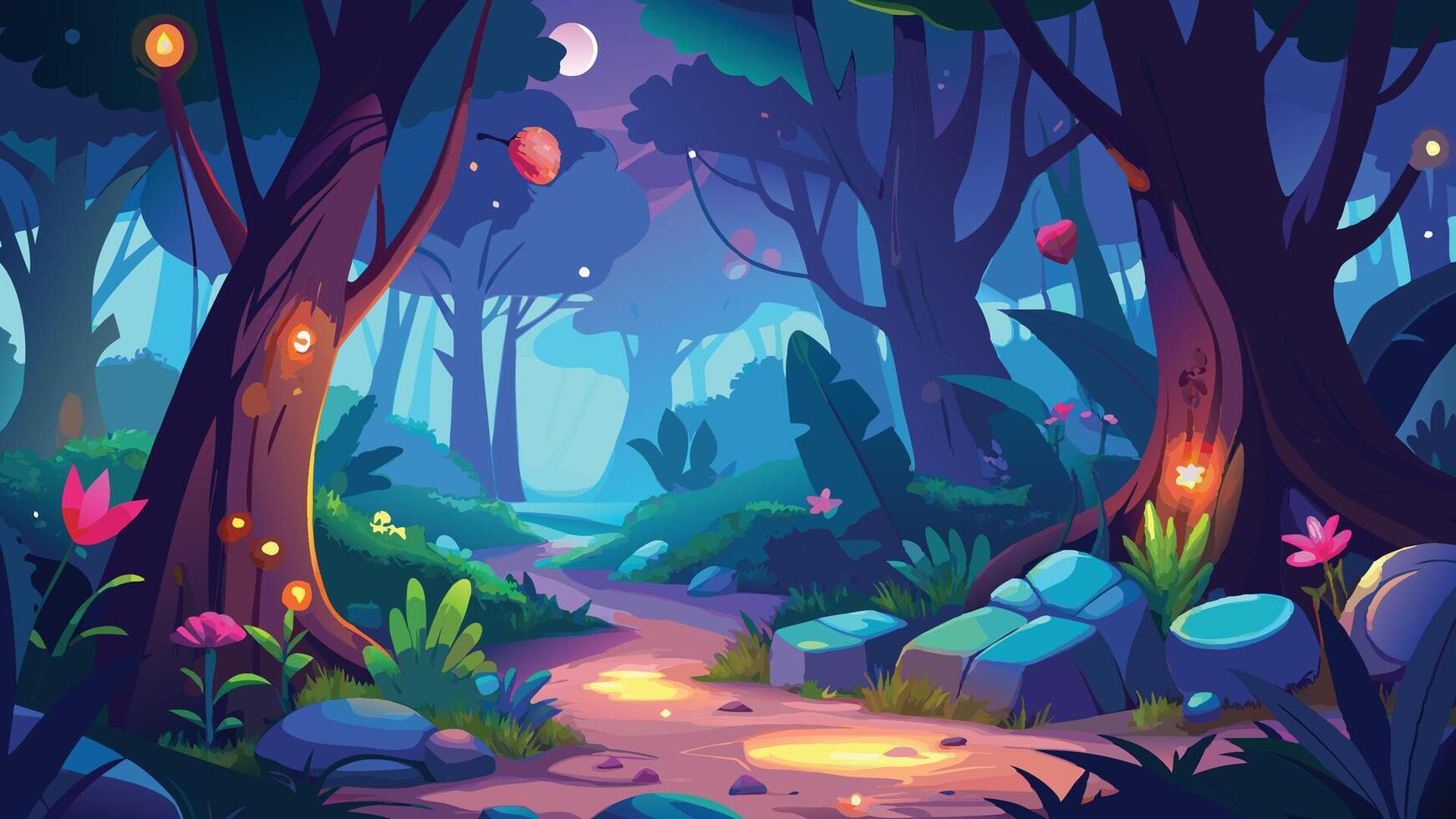 Magical Enchanted Forest Path at Night Lush Trees and Glowing Flowers Fantasy Illustration vector
