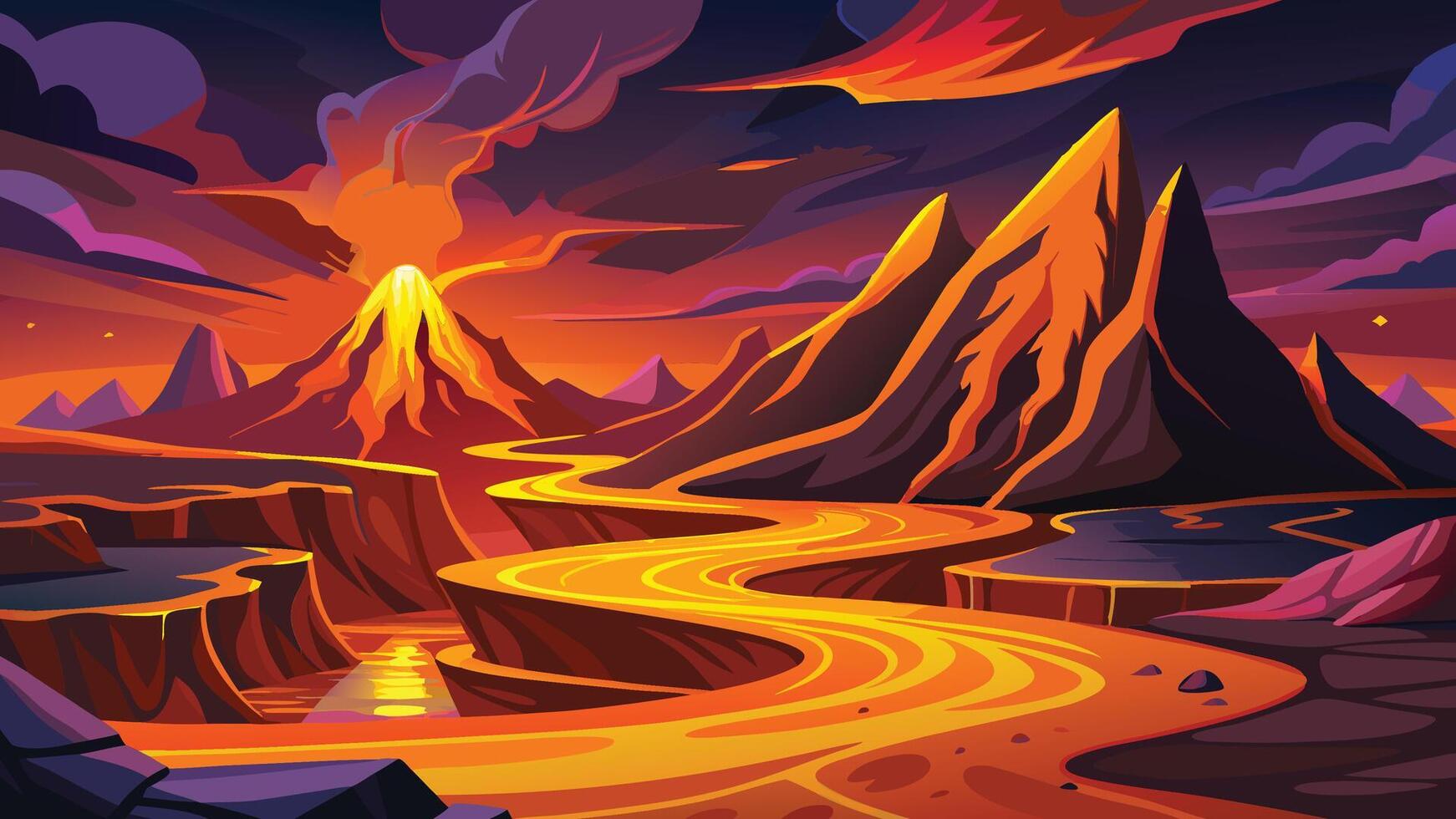 Fiery Volcano Eruption Lava River Dramatic Landscape Illustration Art vector
