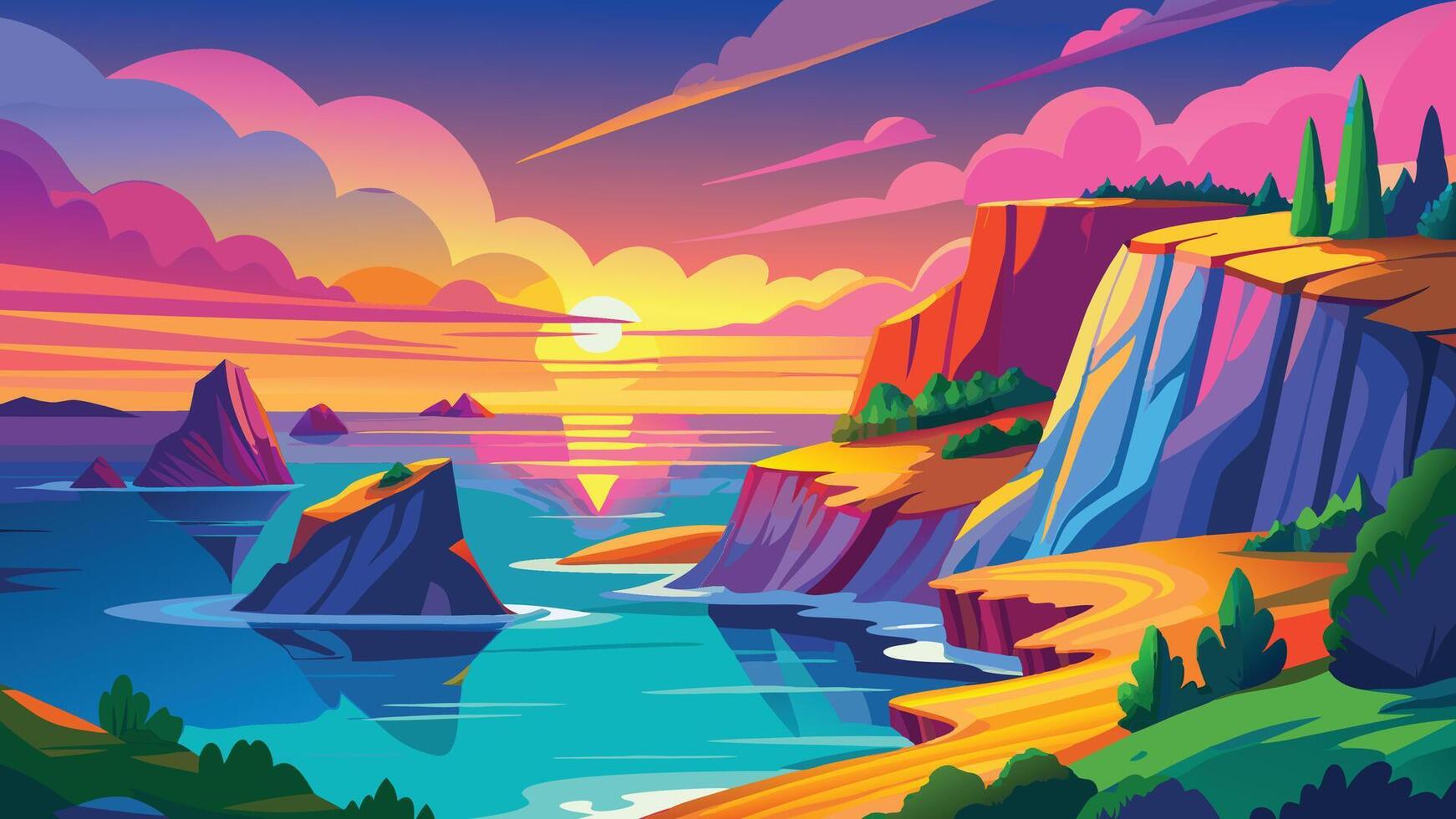Vibrant Sunset Landscape Colorful Cliffs Ocean Sunset Scene vector