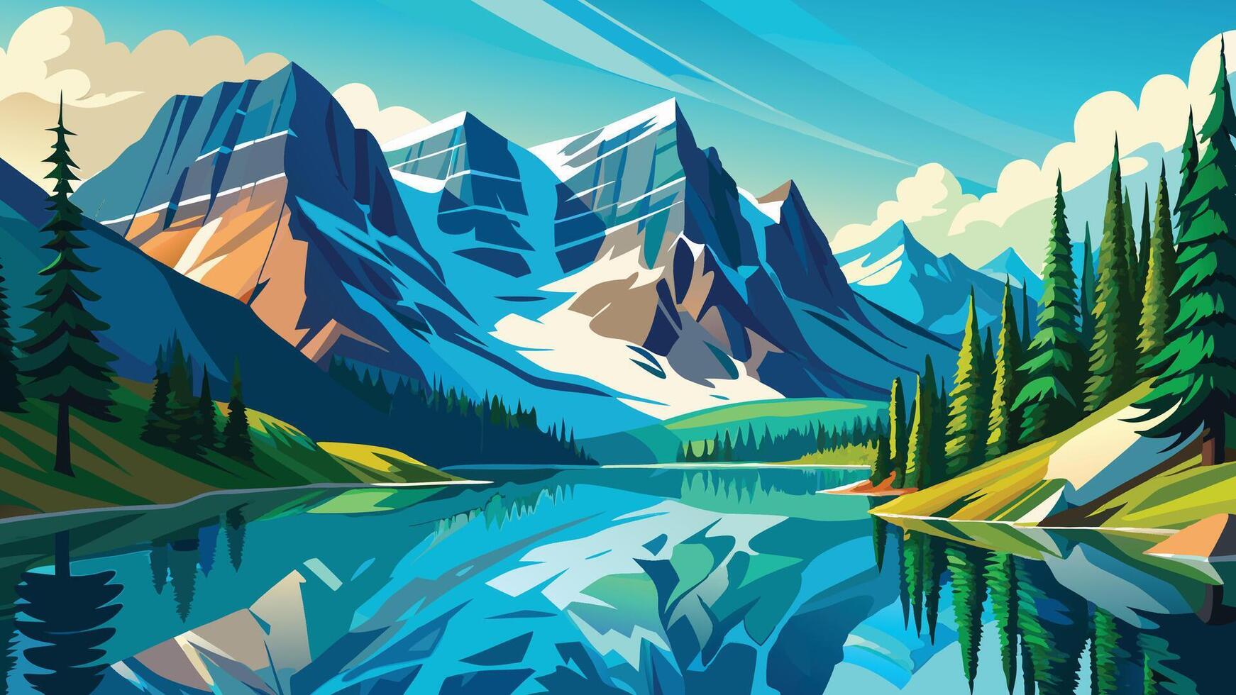 Serene Mountain Lake Landscape with Majestic Peaks and Evergreen Trees vector