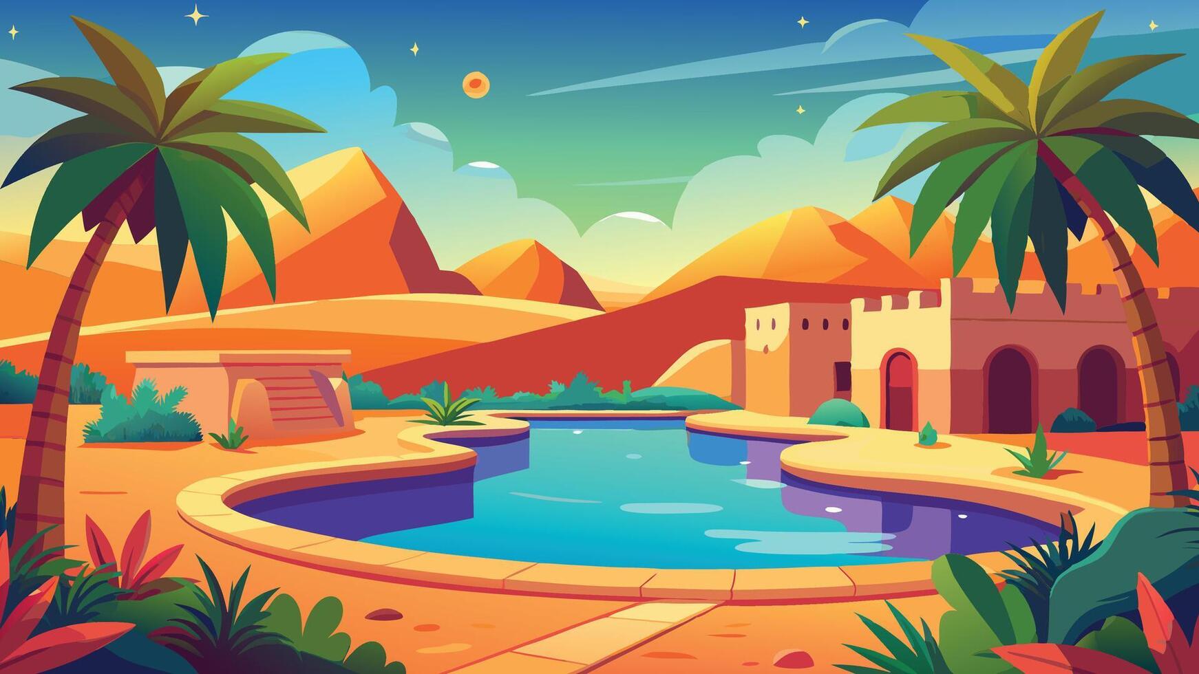 Oasis Pool in Desert Landscape Palm Trees near Ancient Building vector